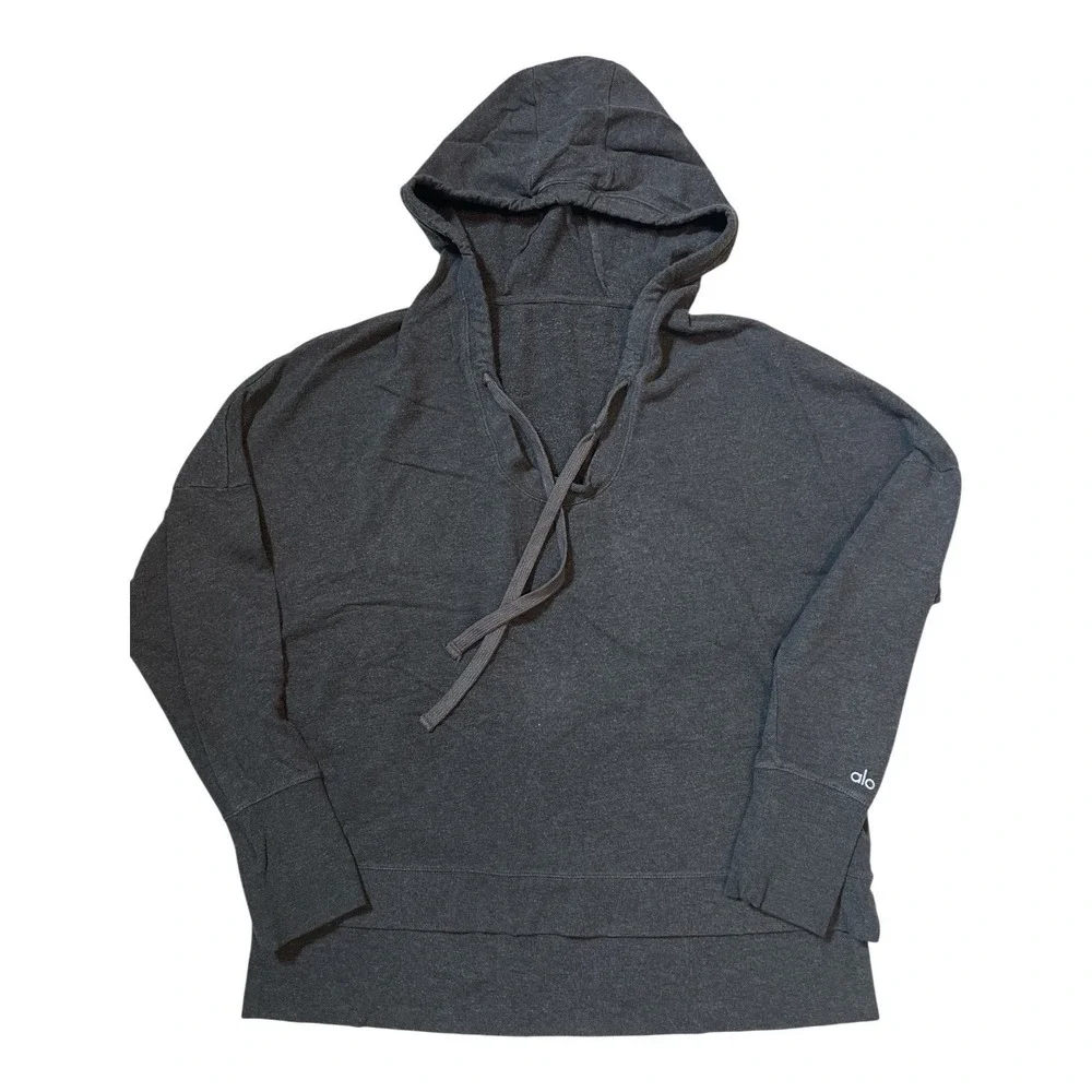 Alo Yoga Pullover‎ Hoodie Unisex Est XL Charcoal Gray Lace-Up Neck